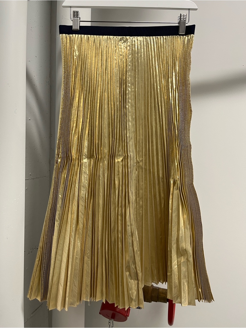 Sacai Gold Pleated Midi Skirt with Black Waistband
